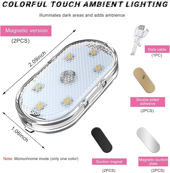 povtii 2 PCS Wireless Led Lights for Car Interior, 7 Colors Magnetic Auto Ambient Light with 6 Bright LED Lamp Beads, USB Rechargeable Vehicle Led Night Light, Car Accessories (Ice Blue) - Image 2