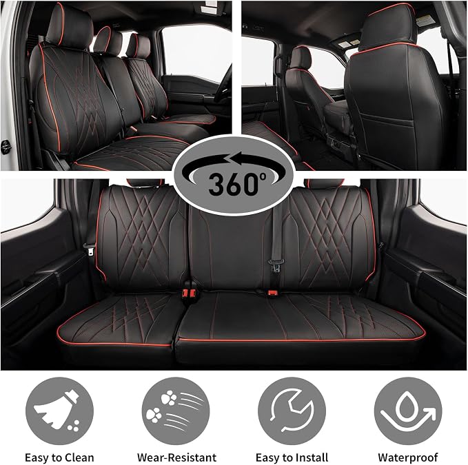 EKR F150 Seat Covers Custom Fit for (2 Door,SuperCab/Extended Cab) 2015-2020 Ford F150 XL/XLT/Lariat & 2017-2022 F250/F350 SuperDuty XL/XLT/Lariat Full Set-Faux Leather(Black with Red Trim) - Image 4