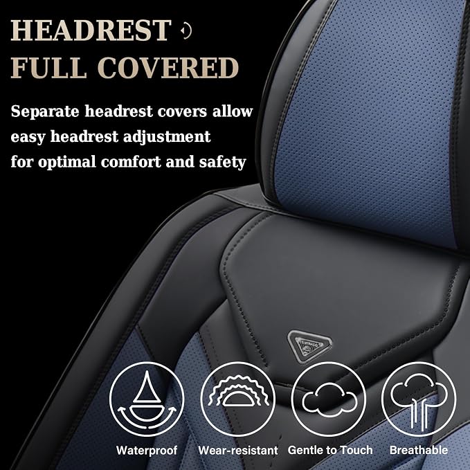 Coverado Car Seat Covers Full Set, Automotive Seat Covers Car Seat Protector Car Seat Cushion, Waterproof Leather Seat Covers for Cars, Universal Fit for Most Sedans SUV Pick-up Truck(Black&Blue) - Image 5