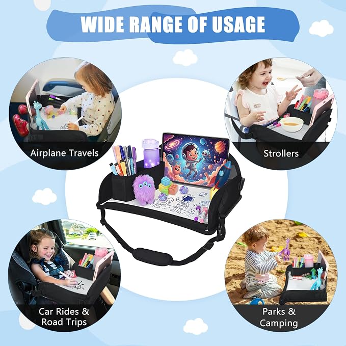 Upgraded Kids Travel Tray for Airplane - Toddler Car Seat Table Tray, Road Trip Essentials for Boys & Girls, Carseat Lap Desk for Kids Road Trip Activities, Black - 2 PCS - Image 2