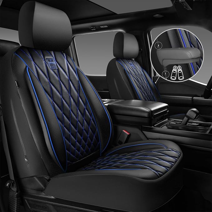 CAR PASS Piping Luxury PU Leather Two Front Car Seat Covers,Waterproof Anti- Slip Seat Covers Compatible with Front Seat Armrests,Universal Fit for Suvs,Vans,Trucks,Airbag Compatible(Black and Blue) - Image 2