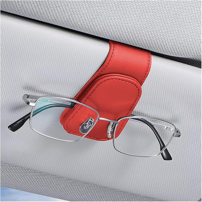 AICEL Sunglasses Holders for Car Sun Visor, Leather Magnetic Clip, Red | Leather Eyeglasses Hanger Mounter, Magnetic Glasses Holder and Ticket Card Clip, Car Accessories, Universal Fit by AICEL