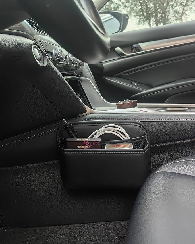 Car Seat Side Pocket Organizer for Car Doors and Consoles, Black | Reusable Adhesive Car Storage Bag, Holds phones keys wallet sunglass etc, Suitable for all vehicles, PU Leather - Image 4