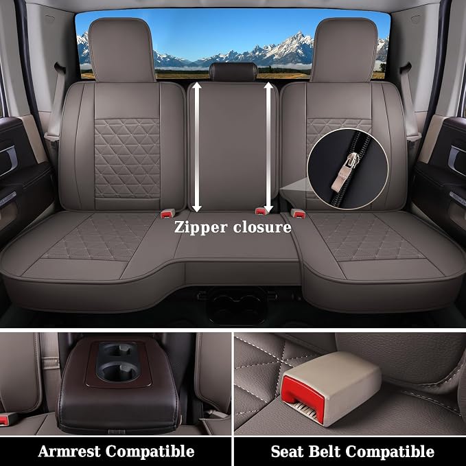 Coverado Dodge Ram Seat Covers Full Set, Waterproof Ram 1500 Seat Cover Compatible with 2002-2026 Dodge RAM 1500 2500 3500 Crew Quad Cab with Curved Bench, Coffee - Image 3