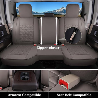 Coverado Dodge Ram Seat Covers Full Set, Waterproof Ram 1500 Seat Cover Compatible with 2002-2026 Dodge RAM 1500 2500 3500 Crew Quad Cab with Curved Bench, Coffee - Image 3