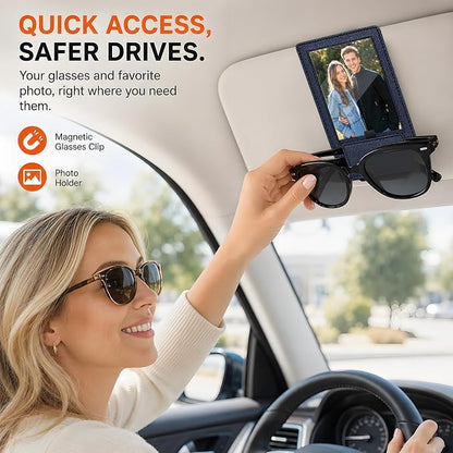 2-in-1 Car Visor Sunglasses & Photo Holder, Magnetic PU Leather Glasses Clip with Picture Display Slot, Universal Sun Visor Organizer for Eyeglasses, Personalized Cards & Memories, Navy - Image 2
