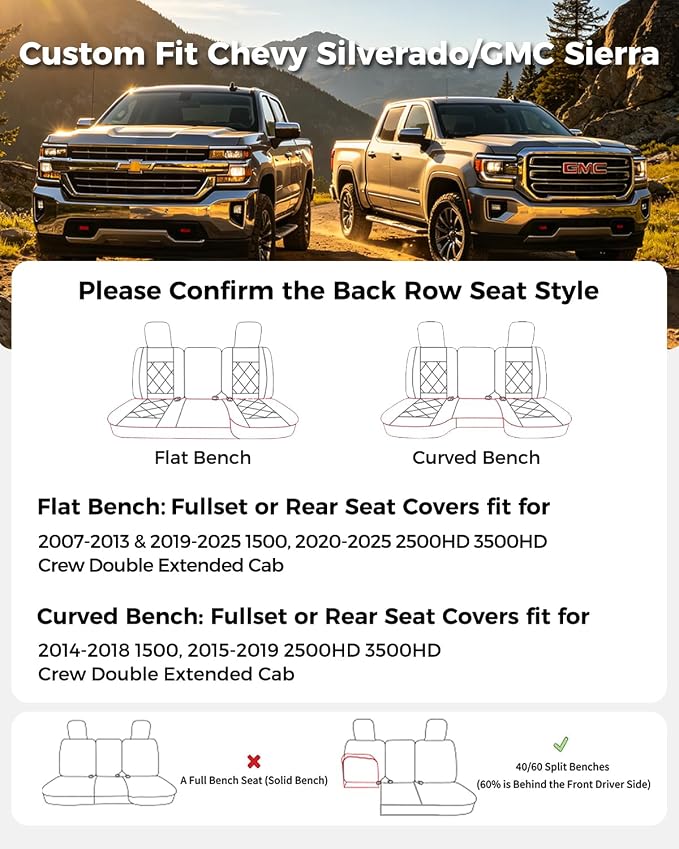 Huidasource Fit for Coffee Chevy Silverado/GMC Sierra Rear Seat Covers, Thickened Split Nappa Leather Truck Back Seat Cover 2007-2013&2019-2026 1500, 2020-2026 2500HD 3500HD Crew Cab WT LS LT - Image 2