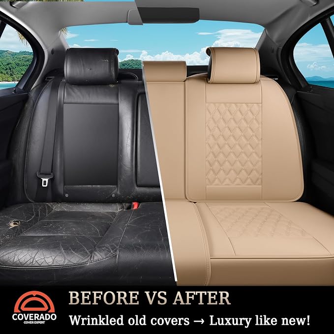Coverado Rear Seat Covers, Soft Waterproof Faux Leather Rear Protectors for Sedan SUV Truck, Minimalist Comfortable Anti-Stain Interior – Beige - Image 3