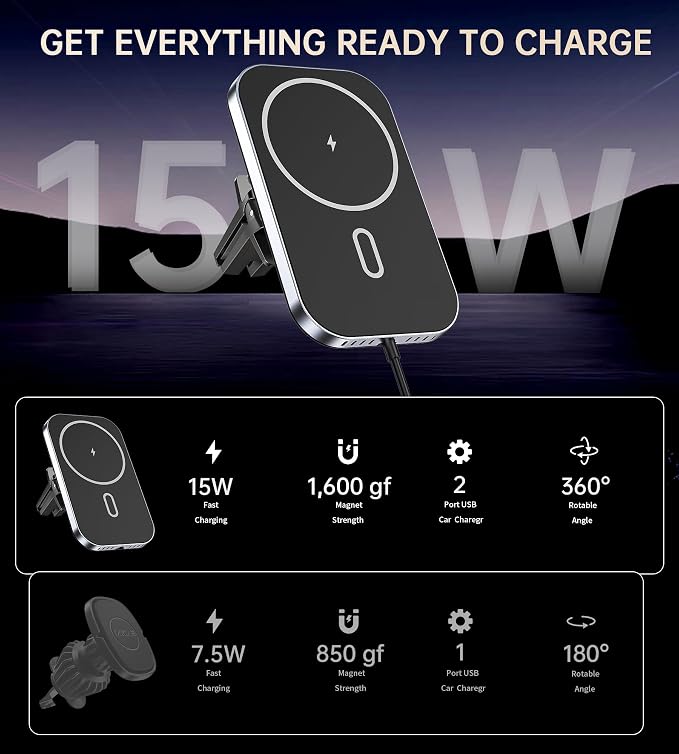 for MagSafe Car Mount Charger with Adapter, 360° Rotation Magnetic Wireless iPhone Car Charger for Air Vent, Compatible with iPhone 17/16/15/14/13/12 Series, Gifts for Husband/Men - Image 3