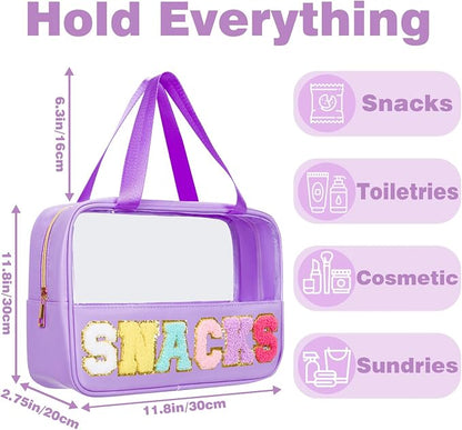 Snack Bags Chenille Letter Patch Clear Bag for Travel, Preppy Cosmetic Bag Snack pouch with Zipper, Toiletry Bag for Traveling Women, Clear Travel Bags for Toiletries (Deep Purple) - Image 4