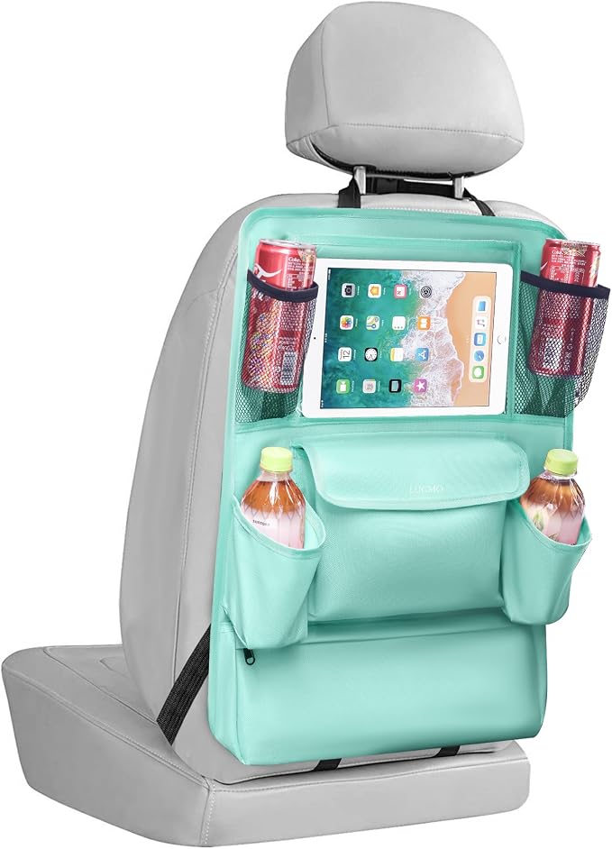 LUCMO Car Backseat Organizer with Touch Screen Tablet Holder, Light Blue | 9 Storage Pockets,Clear Tablet Holder,Protectors Kick Mats,Travel Accessories,Seat Cover,Road Trip Essentials by LUCMO