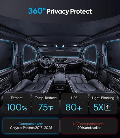 Wigoo 2026 8PC Full Set Window Sunshade for Chrysler Pacifica 2017-2026 | 7-Layer Cooler & Blacker, Ice-Crystal Tech, Full Set Shades With Windshield for Sun Block, Camping Accessories - Image 2