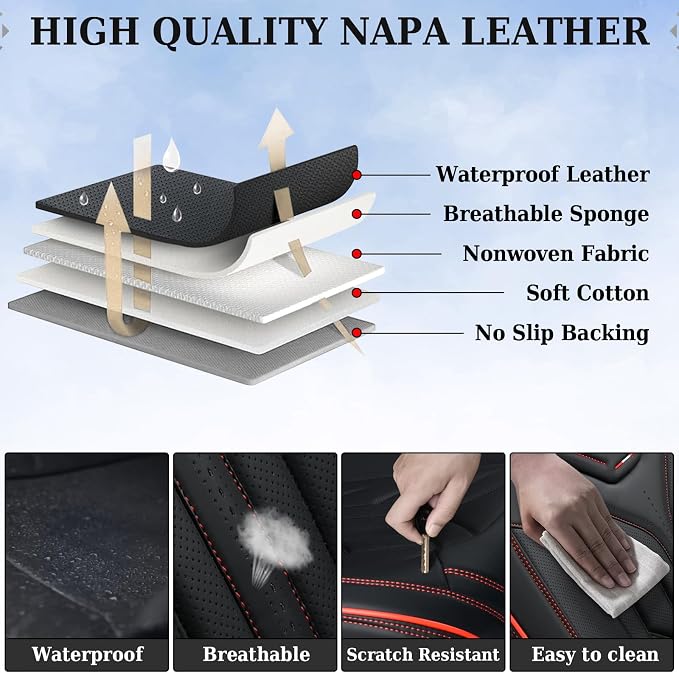 Coverado Front Car Seat Covers, 2Pcs Leather Seat Covers for Cars, Car Seat Protector Front Seats Only Auto Car Accessories Fit for Most Sedans SUV Pick-up Truck(Black&Red) - Image 7