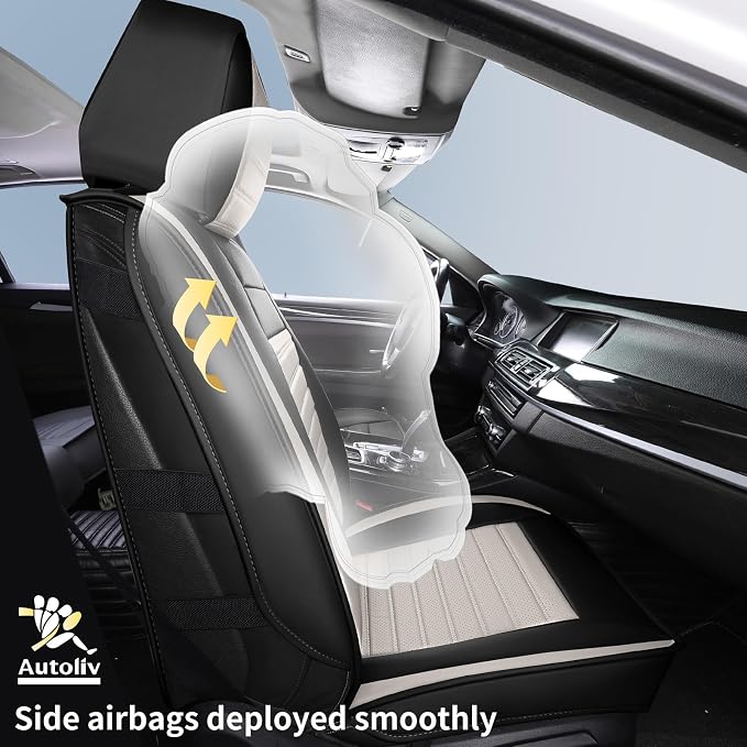 HChengkikz Front Car Seat Cover, Faux Leather, Waterproof (Black + White) | Breathable, Airbag Compatible, Easy Maintenance, Universal Fit for Most Sedans SUVs Pick-ups Trucks - Image 3