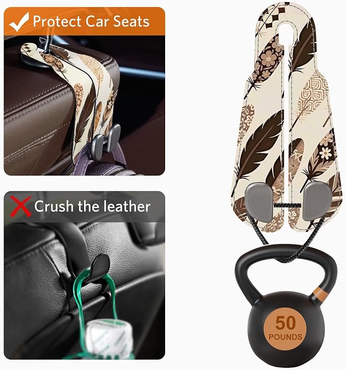 CoBak Purse Hook for Car - Universal Premium Stitched Leather and Aluminum-Magnesium Alloy Double Car Seat Back Storage Hook for Purses, Handbags, Bags (2 Pack),Feather - Image 4