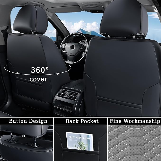 Coverado Seat Covers Full Set, Waterproof Nappa Leather Seat Covers for Cars, 5 Seats Universal Car Seat Protectors, Black and Gray Automotive Seat Covers Car Seat Cushions Fit for Most Cars - Image 3