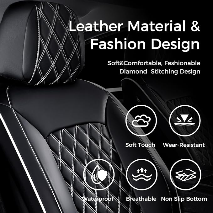 Huidasource Universal Car Seat Cover, Nappa Leather Car Seat Cover Set, Velcro Adjustable, Compatible with Airbags, Armrests, Child Seat, fit for Most Cars, Vans, Trucks, SUVs (Full Set/Black&White) - Image 6