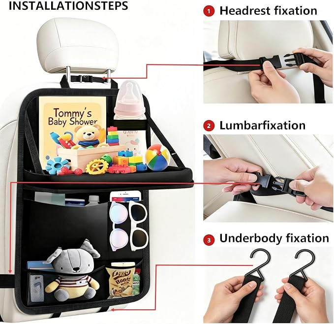 TCJJ: Car Seat Organiser, Backseat Kick Mats, Back Seat Protector | with Tray and Touch Screen Tablet Storage Car Organiser Backseat Vehicle for Kids, SUV, Minivan or Truck Seats - Image 4
