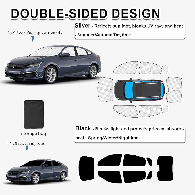 KMF 8pcs Thicken Full Sun Shades for Honda Civic Sedan 2016-2021(Not Hatchback) Accessories, Car Window Covers Sunshade for Windshield Side Rear, UV Block and Blackout Privacy for Camping Outdoor - Image 4