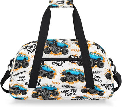 Gym Travel Duffle Bag for Boys - Blue Monster Car Trucks Kids Overnighter Weekend Bag with Front Zipper Pocket for School Practice, Teens Carry-On Size Sleepover Bags by Ackutea