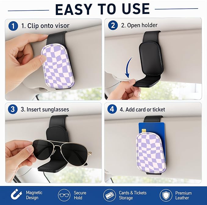 Leather Magnetic Sunglass Holder for Car Sun Visor, Cute Eyeglass Ticket Card Hanger Clip, Universal Auto Interior Accessories for SUV Pickup Truck, Purple Wave - Image 5