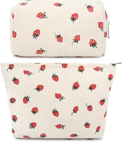SOIDRAM 2 Pcs Cute Makeup Bag Large Cosmetic Bag Toiletry Bag Makeup Pouch Travel Bag Organizer Cute Makeup Brushes Aesthetic Accessories Storage Bag for Women Strawberry Beige by SOIDRAM