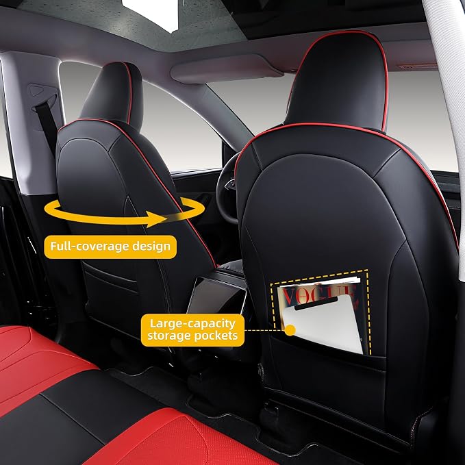 Custom Seat Covers for 2025 2026 Tesla Model Y Juniper 5-Seater - Red | Waterproof Breathable Nappa Leather, OEM Factory Style Full Set, Full Coverage Design with Armrest Covers, Airbag Compatible - Image 5