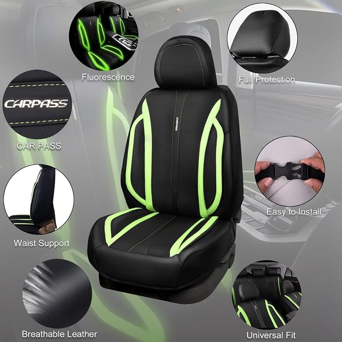 CAR PASS Fluorescent Green & Nappa Leather Seat Covers Full Set, with Backrest Cushion Protector Waist Protection Universal Fit for SUV Pick-up Truck, Automotive Vehicle Interior (Black Green) - Image 5
