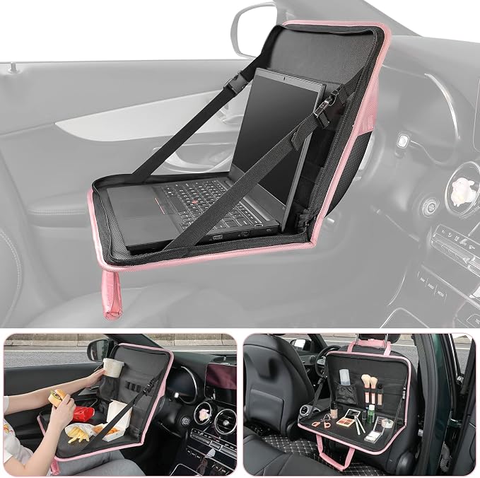 JOYTUTUS 3 in 1 Steering Wheel Eating Tray (Pink), Car Back Seat Laptop Desk, Multifunctional Office Bag Car Work Table for Writing, Car Organizer for Kids, Commuters, Family by JoyTutus