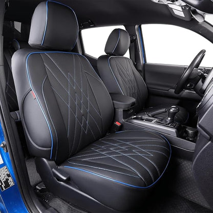 EKR Custom Fit Tacoma Leather Car Seat Covers for Toyota Tacoma 2012 2013 2014 2015 (TRD Sport Seats)- Full Set,Faux Leather(Black with Blue Trim) by EKR