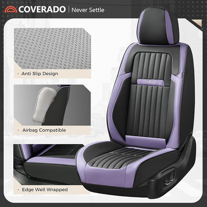 Coverado Car Seat Covers Front Seats, Seat Covers for Cars, Car Seat Protector, 2-Pack Car Seat Cushion Nappa Leather, Waterproof Seat Covers Carseat Cover Universal Fit for Most Cars(Purple&Black) - Image 4