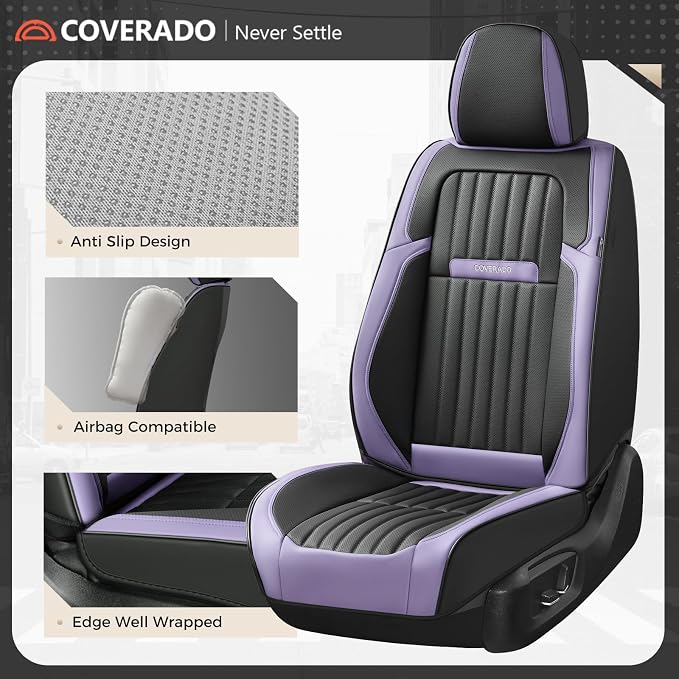 Coverado Car Seat Covers Full Set, Seat Covers for Cars, Car Seat Cover, Car Seat Protector, Leather Car Seat Cushion, Waterproof Car Seat Covers Front Seats and Back Fit for Most Cars(Purple&Black) - Image 7