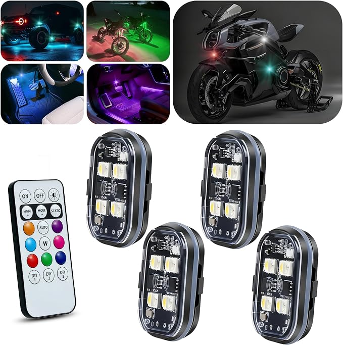 Upgraded 4PCS Wireless LED Strobe Lights for Car, 8 Colors Lights | Remote Control, Type-C charging Warning Light for Car Interior Motorcycle Drone Bike Decor by GSOWO