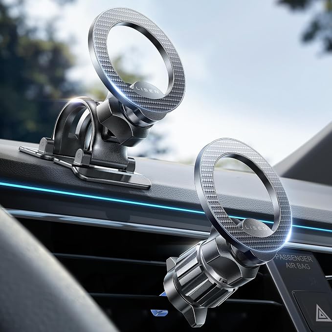 LISEN for MagSafe Car Phone Mount -Strong Magnets Magnetic Phone Holders for Your Car 2-in-1 Vent Dashboard Magnet Cell Phones Holder Mounts Car Accessories Gitfs for Men Women fit iPhone, CarbonFiber by Lisen