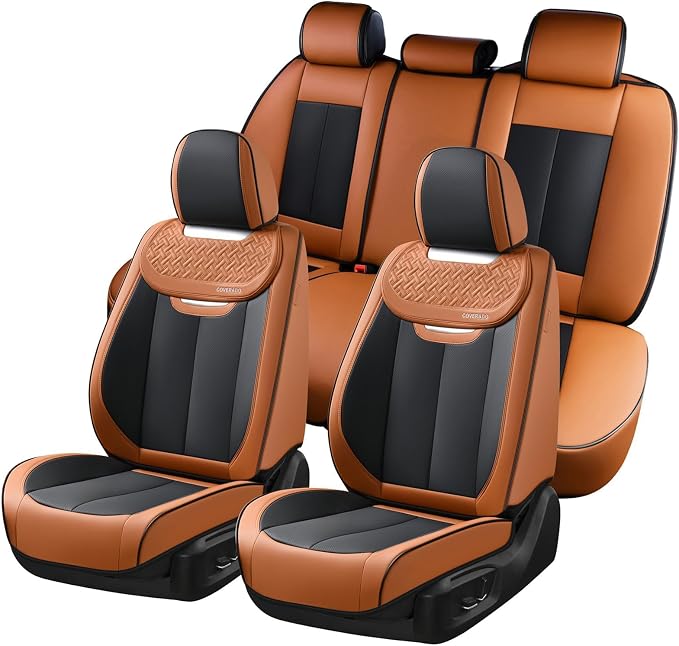 Coverado Car Seat Covers Full Set, Breathable Nappa Leather Seat Covers for Cars, Automotive Seat Covers, Waterproof Front and Back Car Seat Protector Universal Fit Most Cars(Brown&Black) by COVERADOAUTO