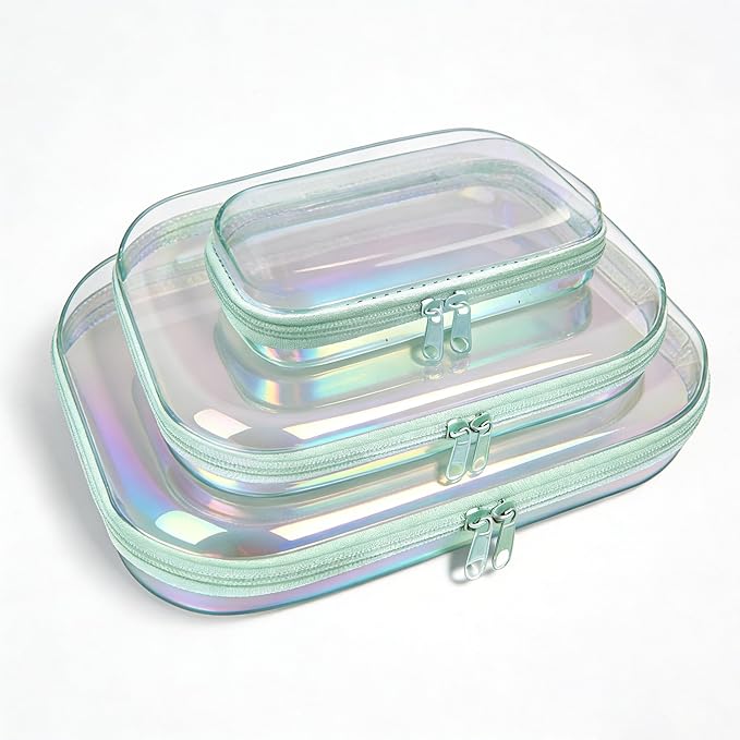 Clear Hard Shell Zipper Case,3PCS Transparent Clear Laser Zipper Pouches,Hard Side Plastic Case Set,Portable Travel Storage Organizer Bins by honitty