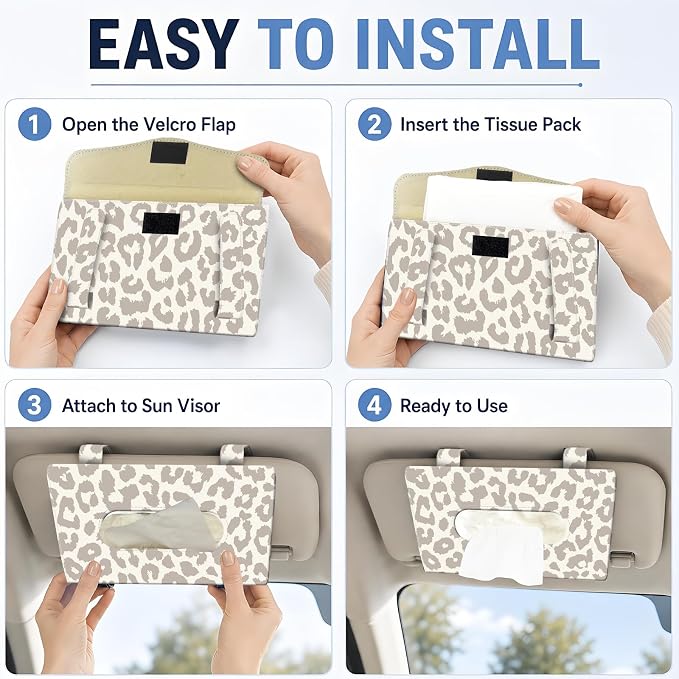 Car Tissue Holder, Cute Sun Visor Napkin Holder Backseat Tissue Case, PU Leather Tissue Box, Funny Car Accessories for Women Men Luxury Grey Leopard - Image 3