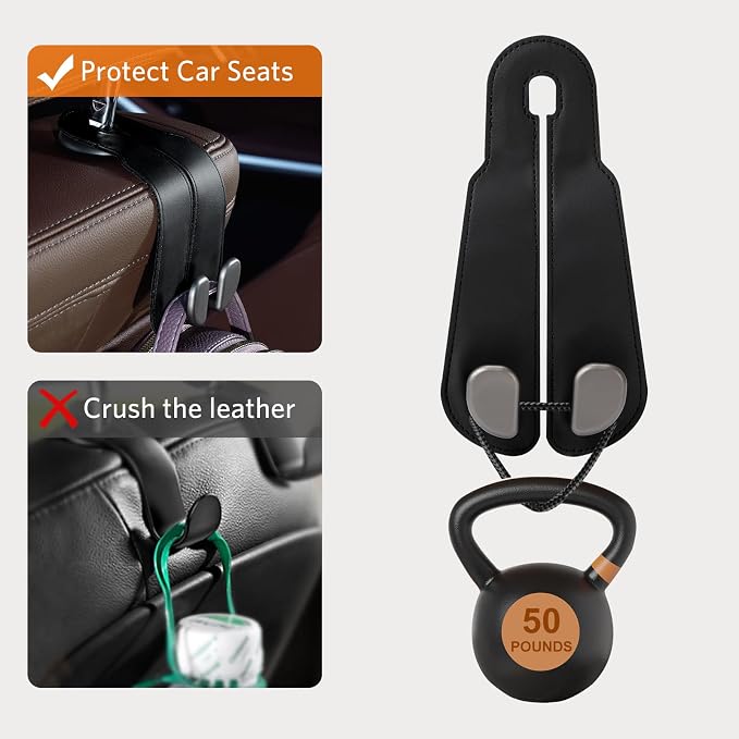 CoBak Purse Hook for Car - Universal Premium Stitched Leather and Aluminum-Magnesium Alloy Double Car Seat Back Storage Hook for Purses, Handbags, Bags (4 Pack),Black - Image 5