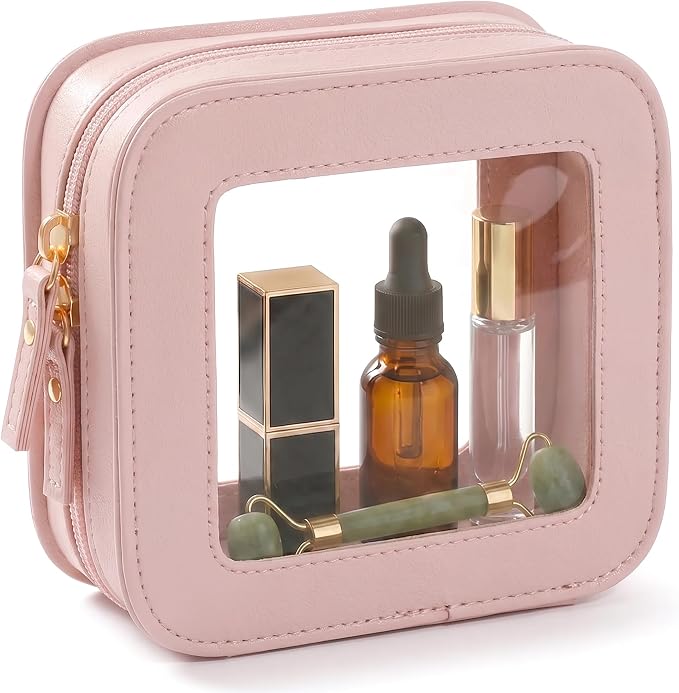 Small Makeup Bag for Purse Mini Cosmetics Bag Leather Cute Cosmetic Pouch for Women with Slip-in Pockets (Square, Light Pink) by LETGO