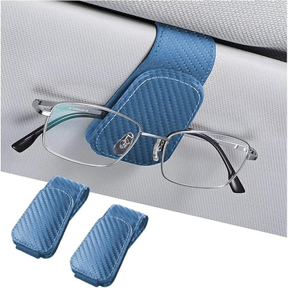 AICEL 2PCS Sunglasses Holders for Car Sun Visor, Carbon Fiber, Blue | Leather Eyeglasses Hanger Mounter, Magnetic Glasses Holder and Ticket Card Clip, Car Accessories, Universal Fit by AICEL