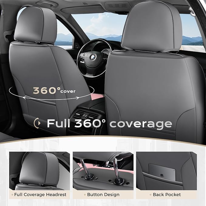 Coverado Car Seat Covers Front, Seat Covers for Cars, Waterproof 2-Pack Car Seat Cushions, Leather Carseat Seat Protectors, Universal Seat Covers Fit for Most Sedans SUV Pick-up Trucks(Gray&Pink) - Image 5