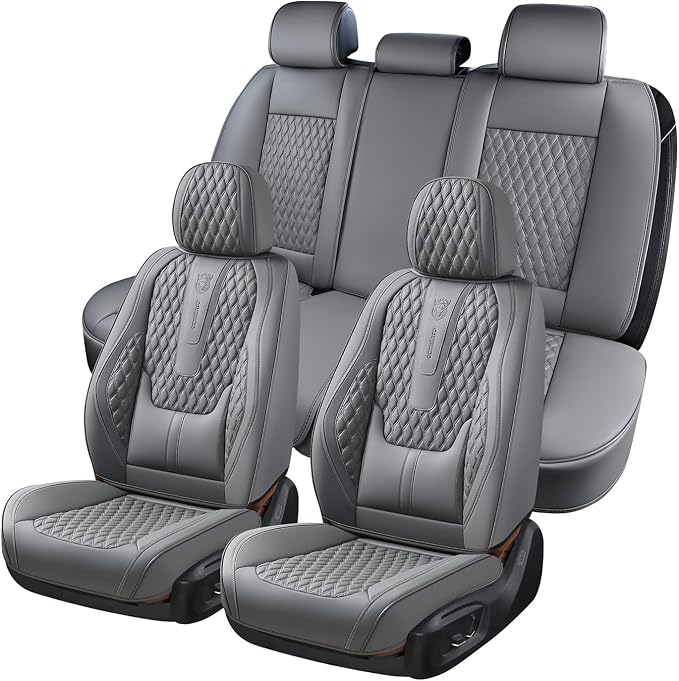 Coverado Car Seat Covers Full Set, Nappa Leather Seat Covers for Car, Waterproof Car Seat Protector with Lumbar Support, Automotive Seat Covers Universal Fit for Most Cars SUV Trucks (Gray) by COVERADOAUTO