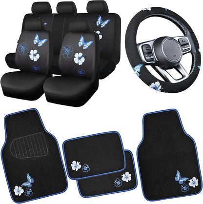 CAR PASS Blue Butterfly Car Seat Covers Full Set, Embroidered Flower Waterproof Car Floor Mats Carpet, Butterflies Steering Wheel Cover for Universal Car Accessories Interior Sets (Black and Blue) by CARPASS