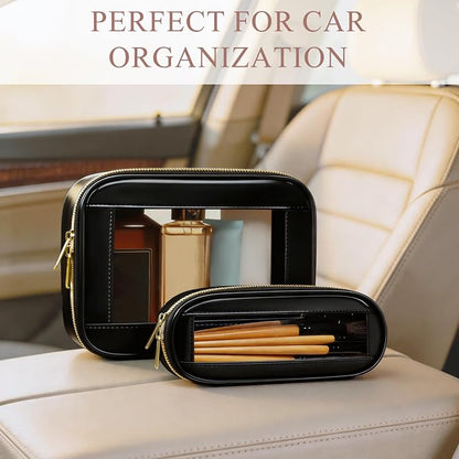 2-Piece Leather Clear Makeup Bag Set, Clear Cosmetic Bag with Zipper, Waterproof Makeup Brush Bag, TSA Approved Toiletry Bag for Travel, Car Organization for Women (Black-2, Slim+Medium) - Image 5