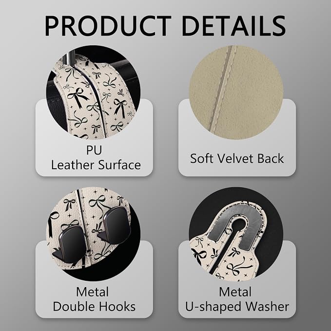 Blusabaca 2PCS Car Seat Headrest Hooks, Purses Bags Holder, Cute Black Bow | PU Leather, Double Metal Back Storage Hangers for Grocery Bags Handbags Bottles Coats Phones, Car Accessories Organization - Image 4