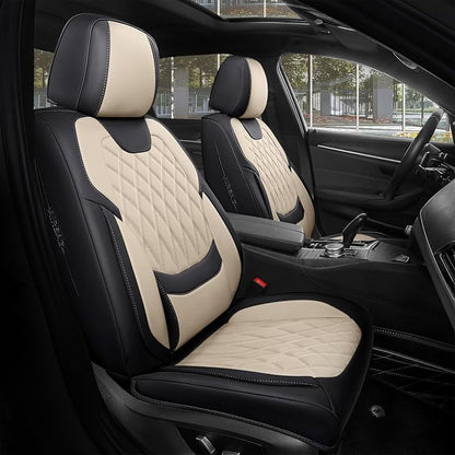 FREESOO Car Seat Covers Full Set Faux Leather Universal Fit Black Beige | faux nappa leather seat covers, waterproof breathable, full set lumbar support, front rear covers, fit sedans suvs pickups by FREESOO