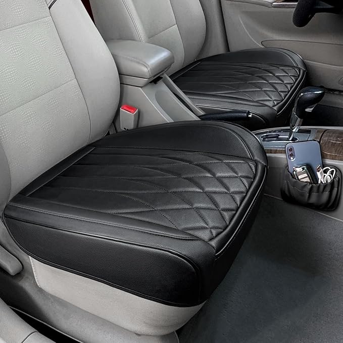 BEITK 2 Pack Black Leather Front Bottom Car Seat Covers | PU leather,Waterproof, Full Wrap, non-slip, with Storage Pocket, Universal Fit for Sedan Truck SUV, Easy to Install by BEITK