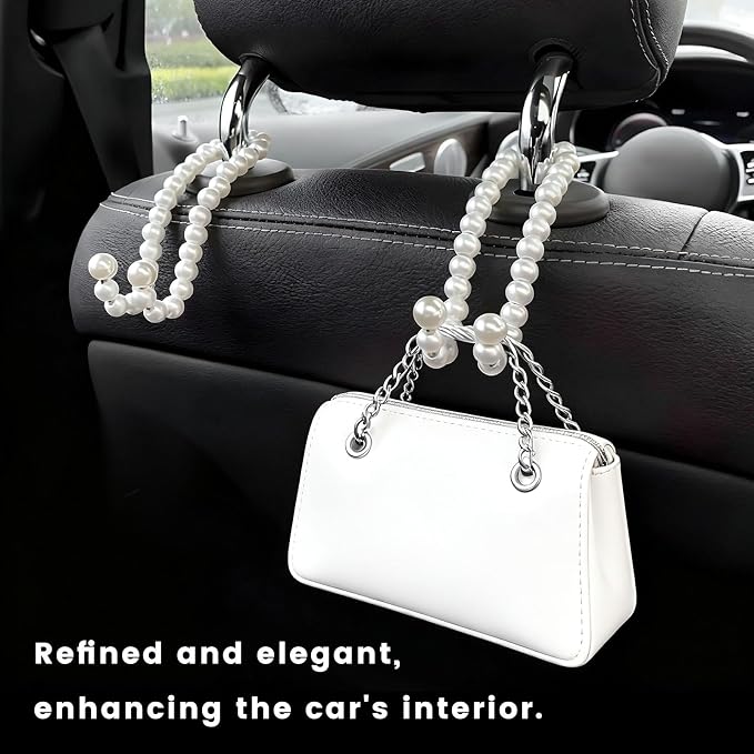 2PCS Elegant Pearl Car Seat Headrest Hook, Exquisite Auto Seat Back Hanger Storage Hook for Handbag Purse, Cute Pearl Headrest Storage Organizer Interior Decor for Women Girls - Image 6