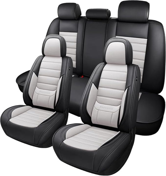 MINGBRON Car Seat Covers Full Set,Black White Car Seat Cover, Car Seat Protector Waterproof, Nappa Leather Car Seat Cushion, Fit for Most Cars by MINGBRONCARSEATCOVER