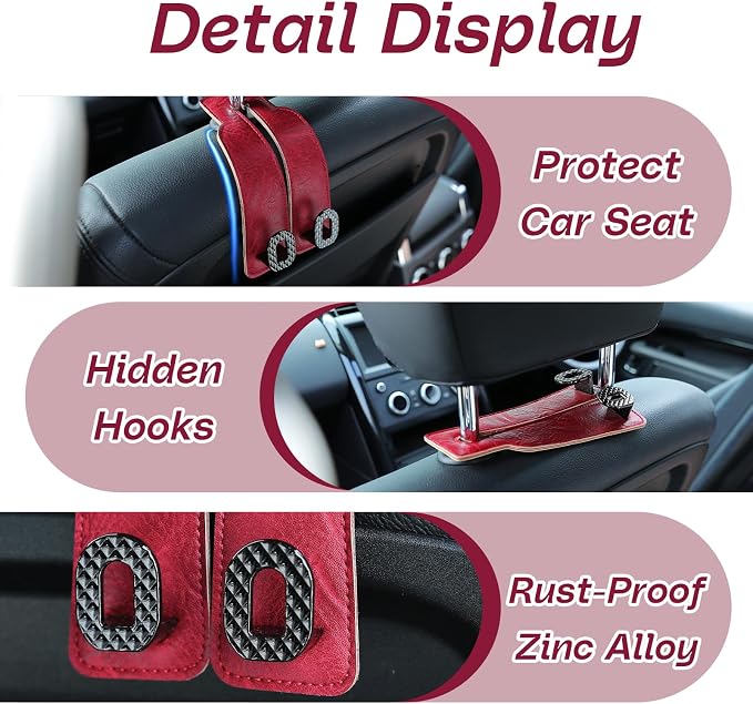 Car Headrest Hooks Universal Car Purse Hook Premium Leather and Alloy Twin Hook Car Seat Back Storage Hanger Hook for Purse Bags Cloth Drink Durable Holder Car Accessories (BH09-Red-Black) - Image 5